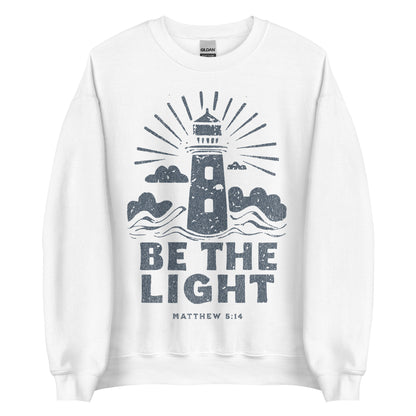 Faith sweatshirt with lighthouse and Matthew 5:14 design. Christian sweatshirt for women encouraging them to be the light