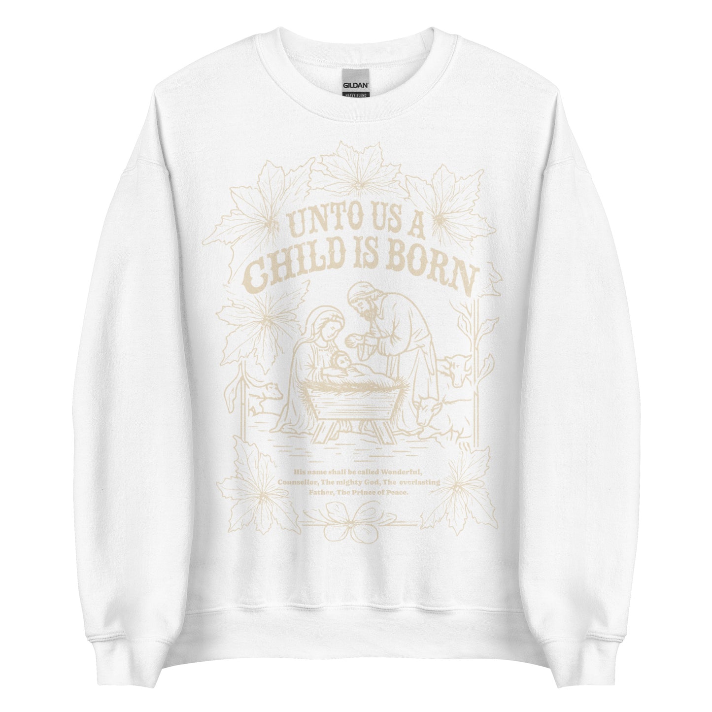 Woman wearing black Unto Us a Child Is Born Christian Christmas sweater with nativity scene and poinsettia design.