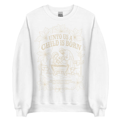 Woman wearing black Unto Us a Child Is Born Christian Christmas sweater with nativity scene and poinsettia design.