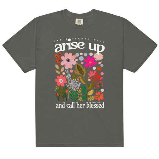 Faith apparel featuring Proverbs 31:28 floral design Christian t-shirt celebrating women of faith and motherhood