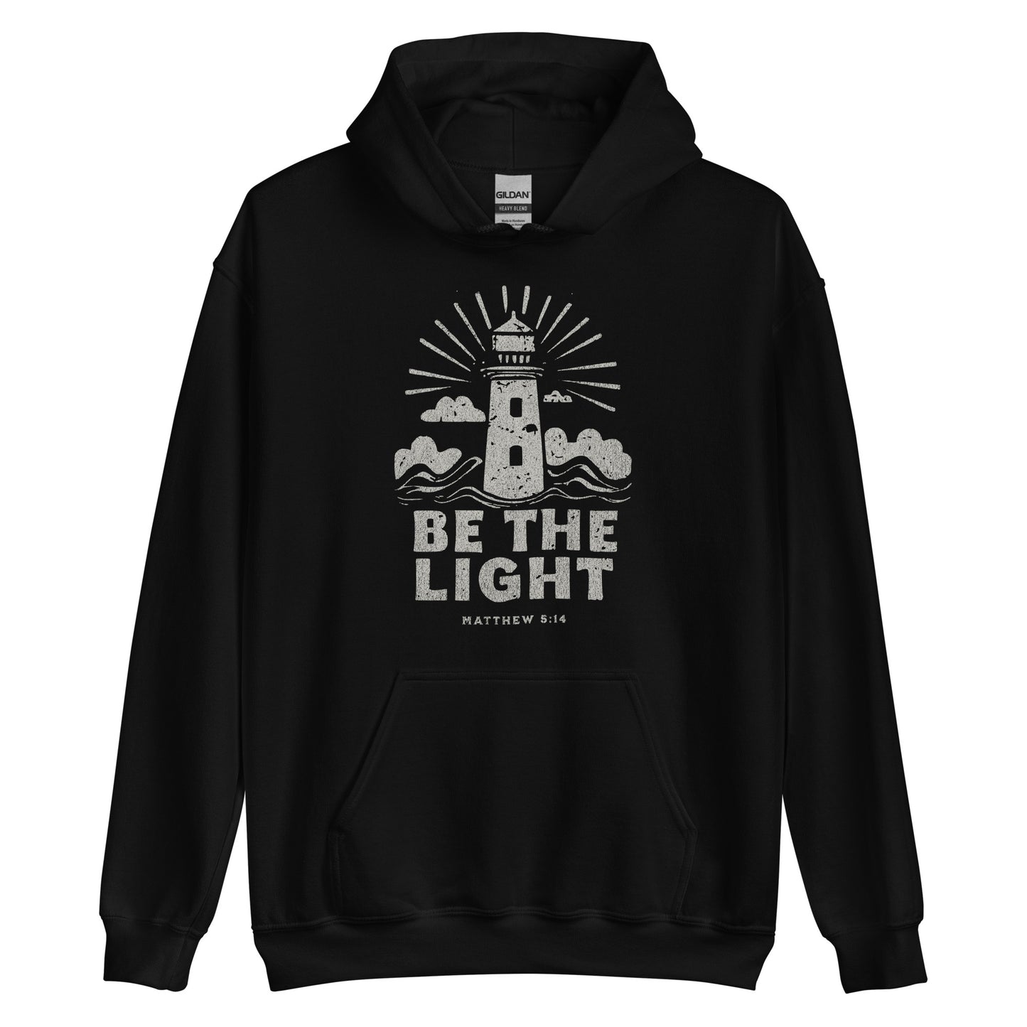 Faith hoodie with lighthouse design and Matthew 5:14 scripture. Christian hoodie for women reminding believers to shine their light.