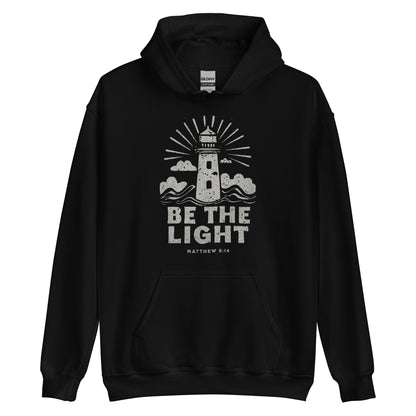 Faith hoodie with lighthouse design and Matthew 5:14 scripture. Christian hoodie for women reminding believers to shine their light.