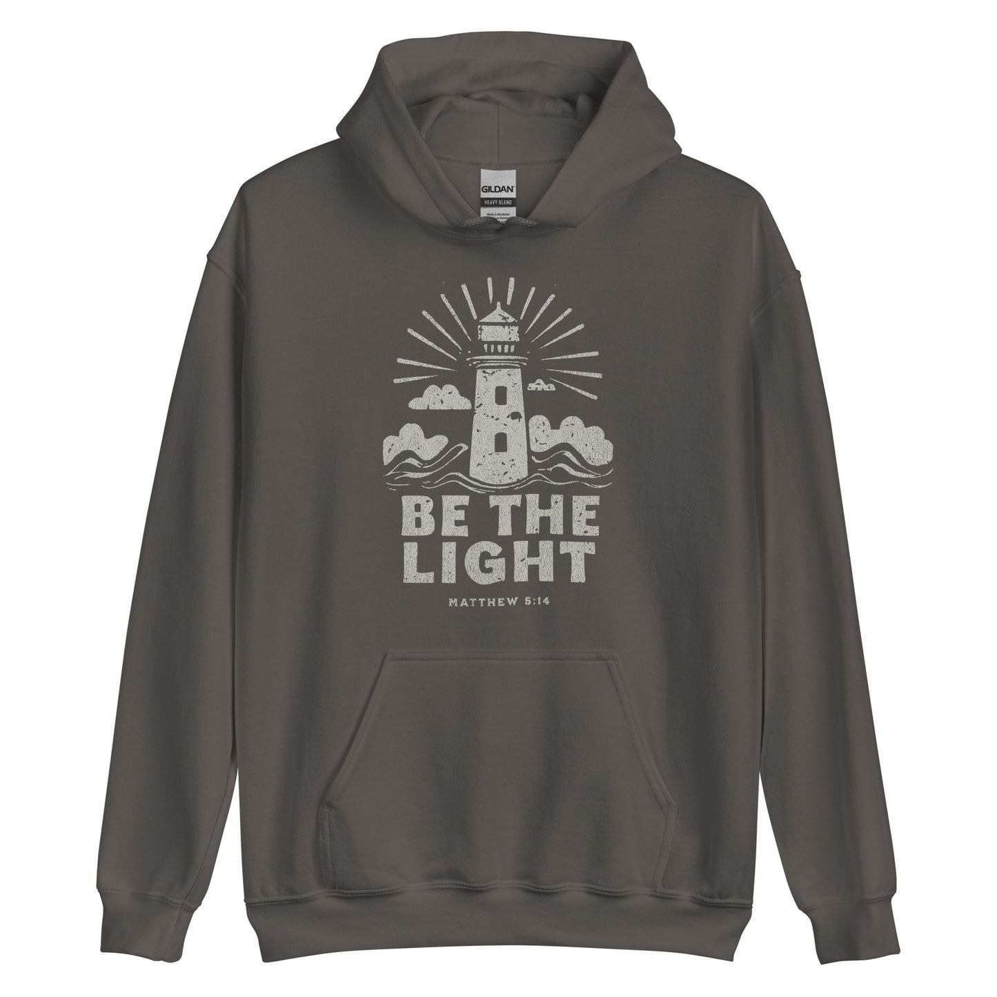 Faith hoodie with lighthouse design and Matthew 5:14 scripture. Christian hoodie for women reminding believers to shine their light.