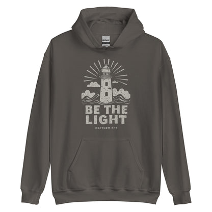 Faith hoodie with lighthouse design and Matthew 5:14 scripture. Christian hoodie for women reminding believers to shine their light.