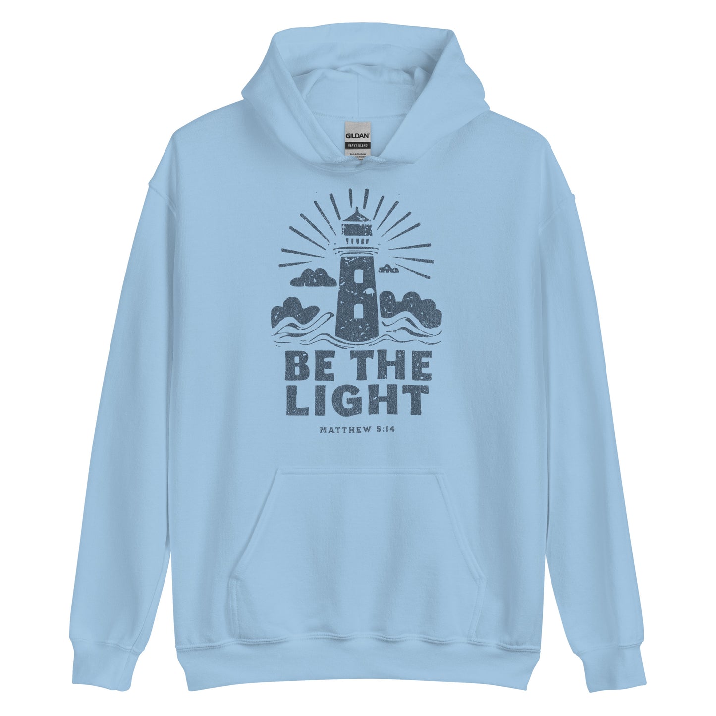 Faith hoodie with lighthouse design and Matthew 5:14 scripture. Christian hoodie for women reminding believers to shine their light.