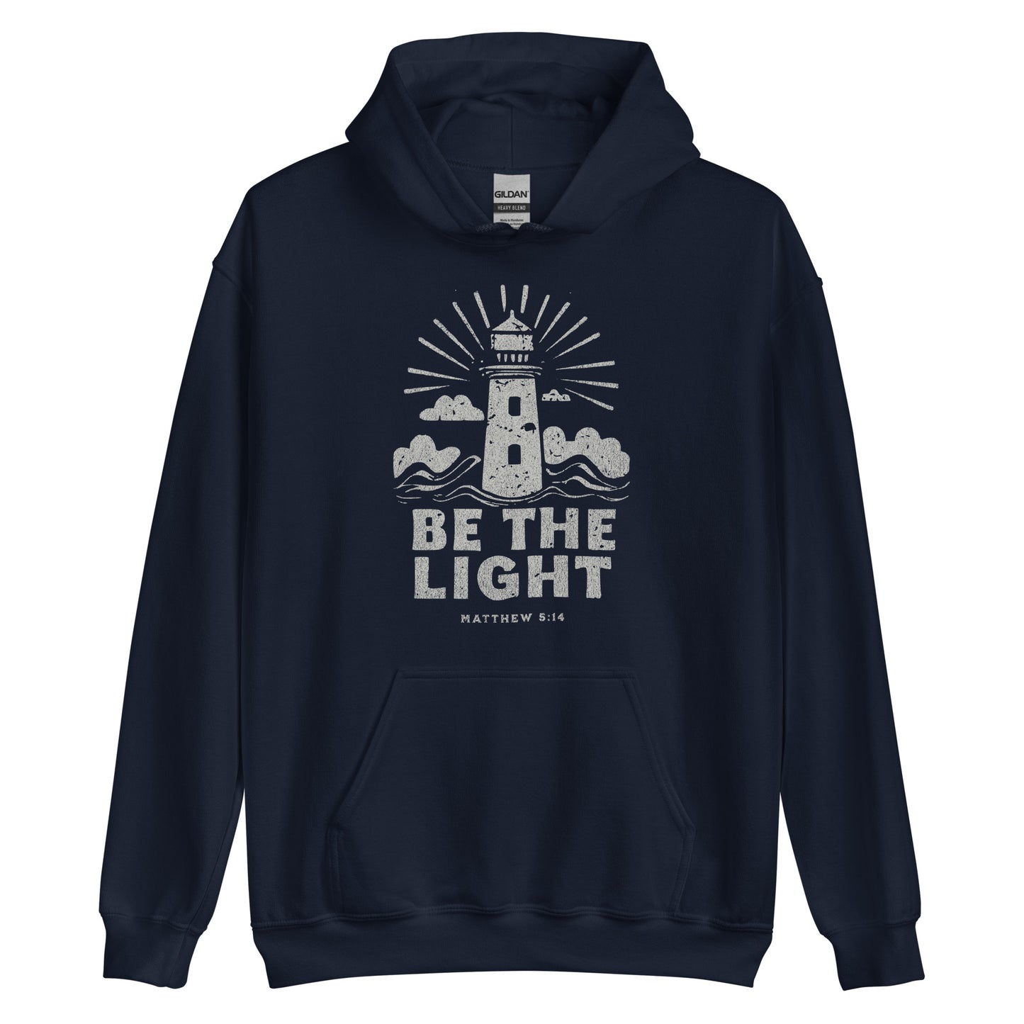 Faith hoodie with lighthouse design and Matthew 5:14 scripture. Christian hoodie for women reminding believers to shine their light.