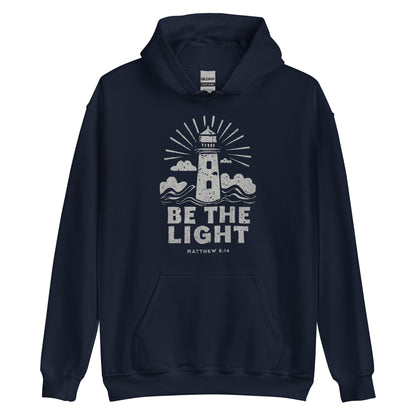 Faith hoodie with lighthouse design and Matthew 5:14 scripture. Christian hoodie for women reminding believers to shine their light.