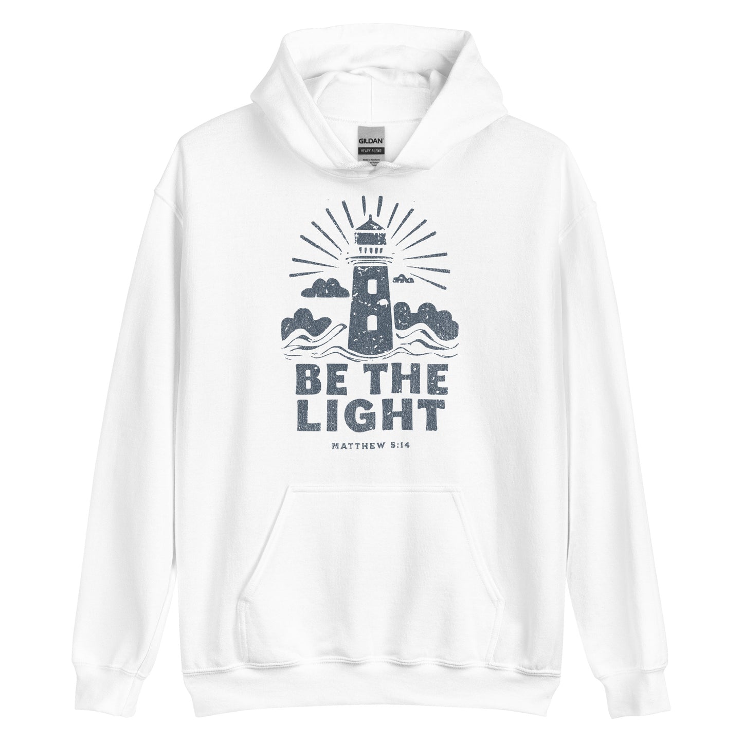 Faith hoodie with lighthouse design and Matthew 5:14 scripture. Christian hoodie for women reminding believers to shine their light.