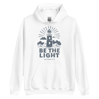 Faith hoodie with lighthouse design and Matthew 5:14 scripture. Christian hoodie for women reminding believers to shine their light.