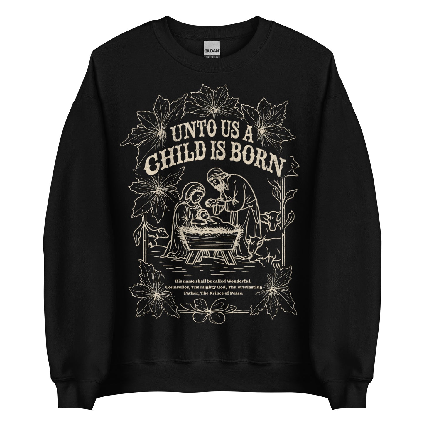 Woman wearing black Unto Us a Child Is Born Christian Christmas sweater with nativity scene and poinsettia design.