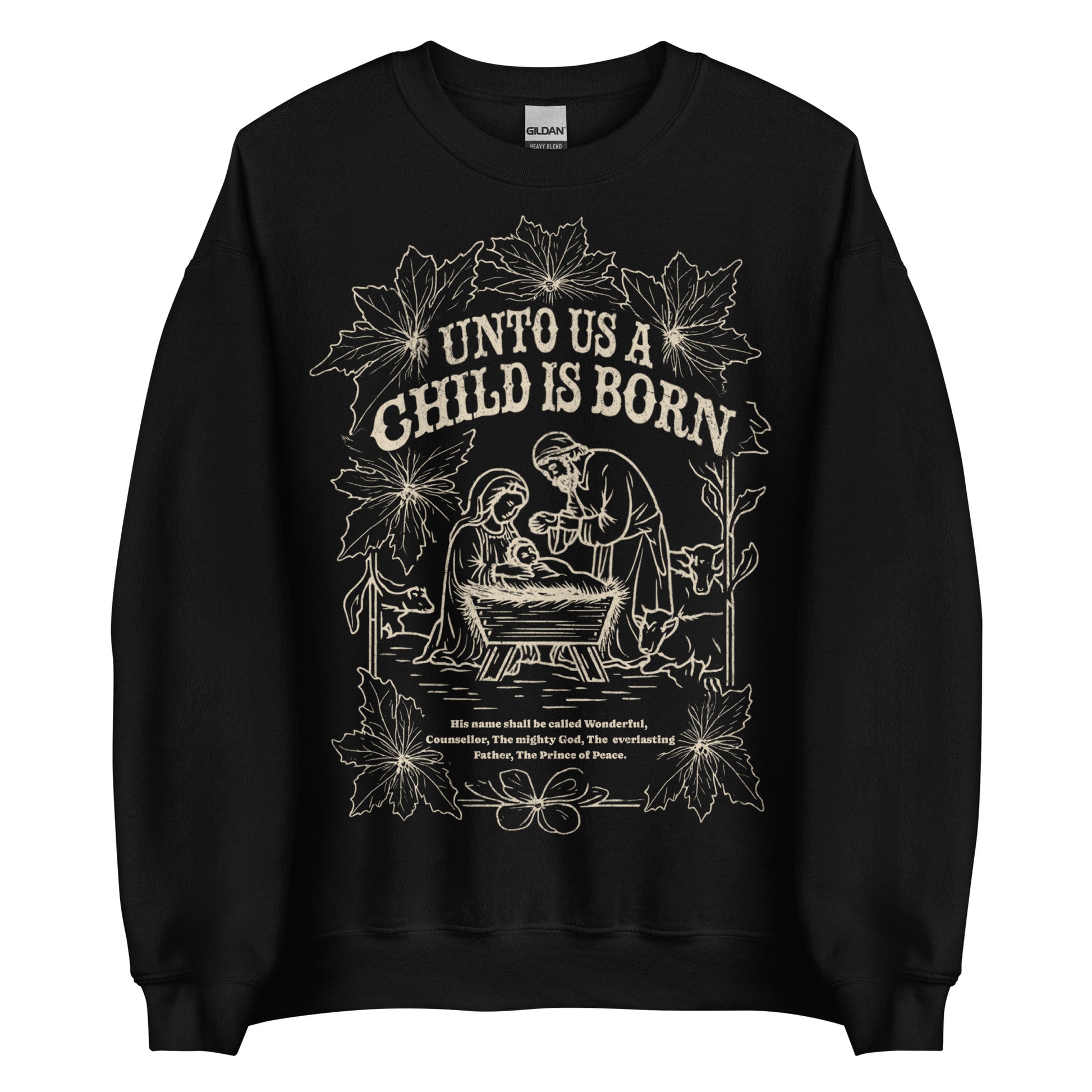 Woman wearing black Unto Us a Child Is Born Christian Christmas sweater with nativity scene and poinsettia design.