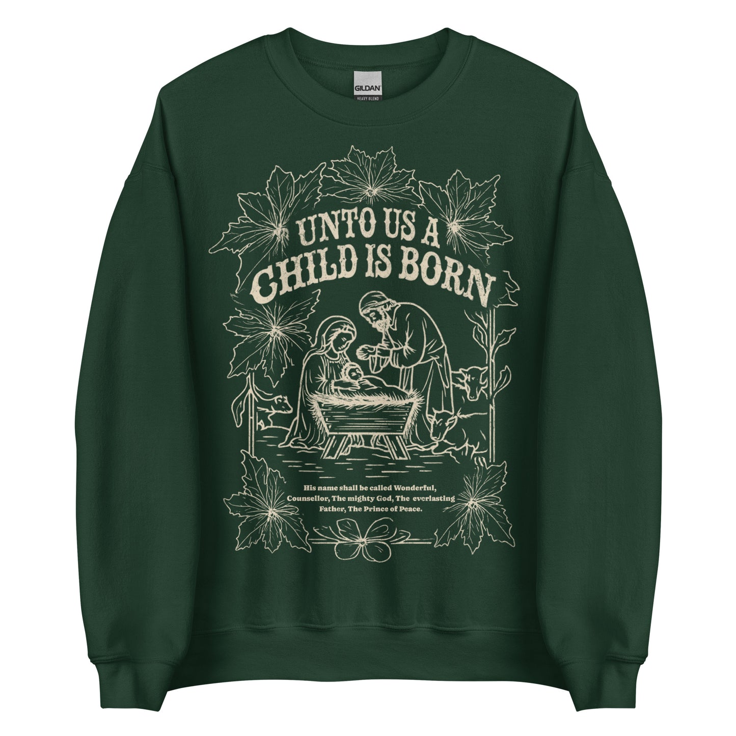 Woman wearing black Unto Us a Child Is Born Christian Christmas sweater with nativity scene and poinsettia design.