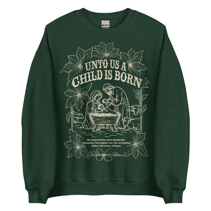 Woman wearing black Unto Us a Child Is Born Christian Christmas sweater with nativity scene and poinsettia design.