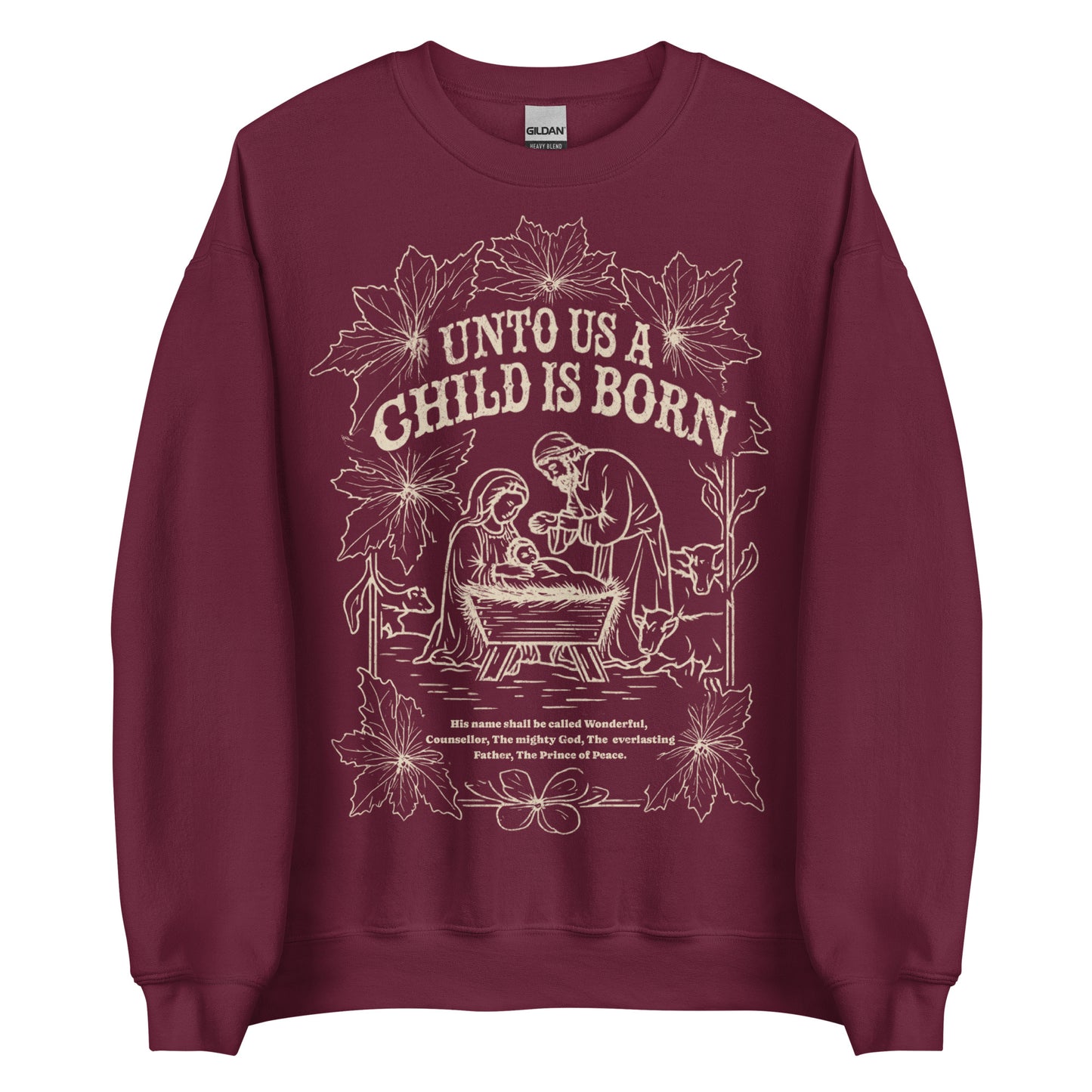 Woman wearing black Unto Us a Child Is Born Christian Christmas sweater with nativity scene and poinsettia design.